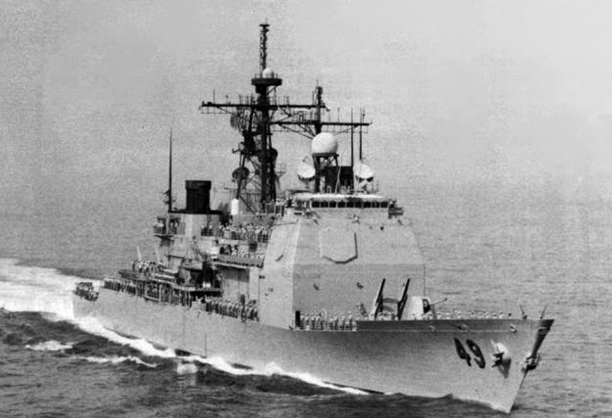 USS Vincennes (CG-49) at sea in 1988, the year it shot down Iran Air Flight 655, killing all 290 civilians on board. Its captain received the Legion of Merit.